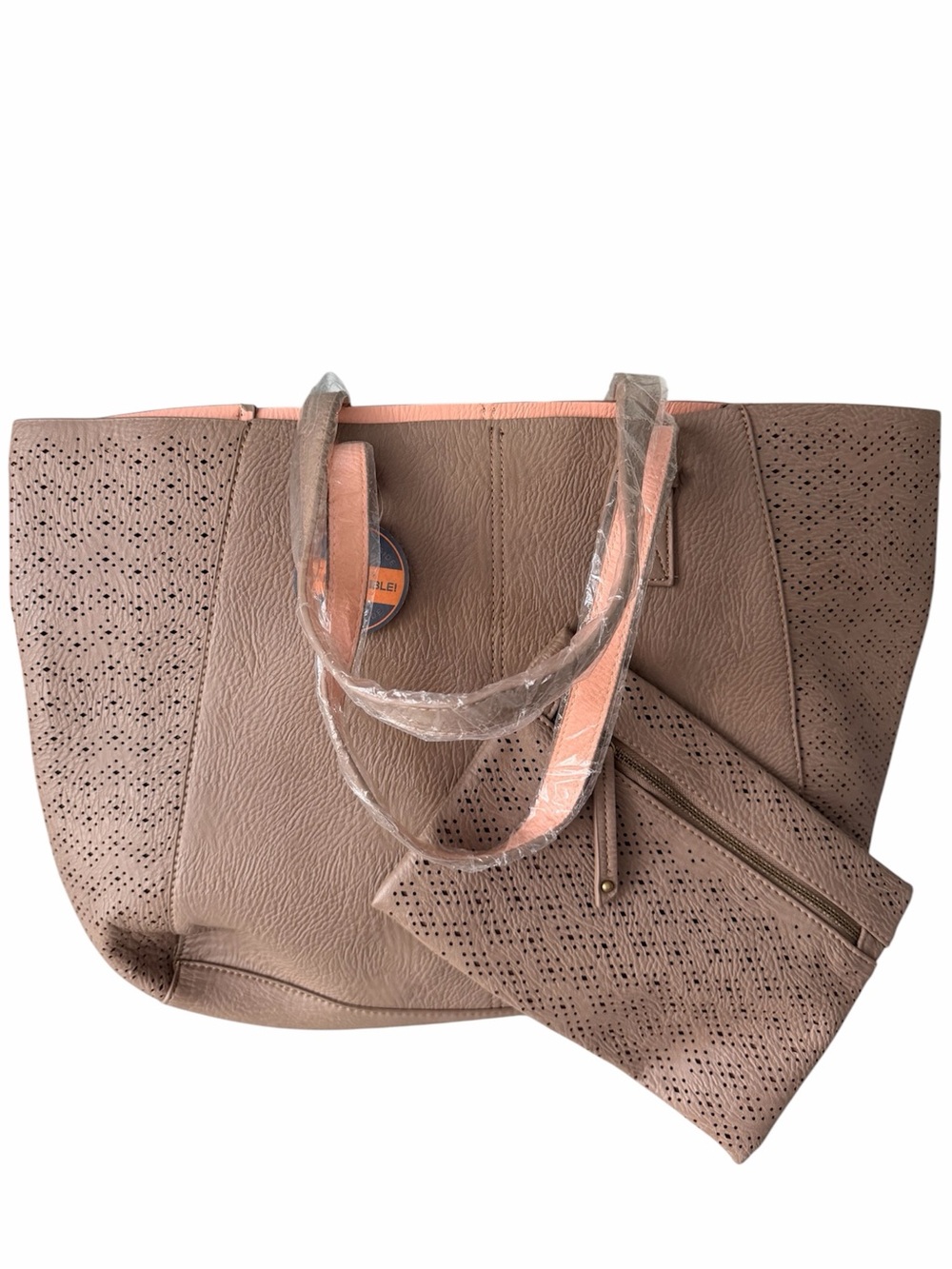 G.H. BASS & CO. 2 In 1 Reversible Tote Purse + Matching Wristlet Taupe Blush NEW